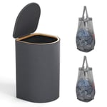 HELLKOPF Panier à linge en bois avec couvercle - 70 l - Panier à linge sale - 2 sacs à linge à l'intérieur avec poignées - Facile à retirer - Pour chambre à coucher, salle de bain - Gris foncé