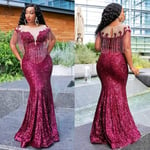 Prom dresses women ball gown 2019 Aso Ebi Arabic Burgundy Sparkly Sequins Evening Dress Sheer Neck Beads Mermaid Prom Dresses Tassel Plus Size Robe De Soiree (Color : Silver, US Size : 8)