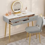 WOLTU Ensemble Coiffeuse avec Miroir LED Réglable et Chaise en Velours, Table de Maquillage avec 3 Tiroirs en Bois Massif, Grand Plateau 100x40cm, Bureau Coiffeuse, Gris+ Or, MB6105gr