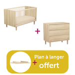 Sauthon Chambre Duo Paloma : Lit bébé bois 70x140 évolutif, Commode 3 tiroirs bois, Plan à langer offert