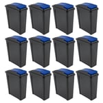 12 x Slimline Plastic Dustbin With Lids For Rubbish Bin Kitchen 25 Litre  - BLUE