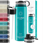 Gourde Inox Isotherme ACTIVE FLASK 1l/500ml sans BPA + Paille (3 Bouchons) | Bouteille d’eau Acier Inoxydable Isolée, Thermos Réutilisable | Camping Velo Sport Running Randonnée Enfant, Café The