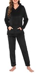 Lovasy Fleece Pyjamas for Women Ladies Fluffy Fleece Hooded Pyjamas Winter Warm Fluffy Pjs for Women Sets with Pockets,Black,XL