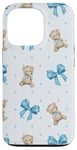 Coque pour iPhone 13 Pro Ruban bleu avec motif à pois et ours en peluche mignons