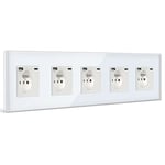 BSEED Prise Murale avec USB et 1 Type C,16A Prise de Courant Alternatif avec Panneau en Verre,Multiprise Murale Max 2.1A,Convient au Smartphone, à la Tablette (5 Prise avec USB et Type C,Blanc)