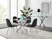 Novara Clear Tempered Glass 100cm Round Dining Table with Chrome Starburst Legs & 4 Corona Faux Leather Silver Leg Chairs