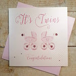 WHITE COTTON CARDS Its Twins Congratulations Handmade New Baby Card Pink Prams, TW5P