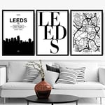 Artze Wall Art Leeds Skyline Street Map City Prints 3-Piece Set, 40 cm Width x 50 cm Height, Black/White