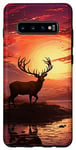 Coque pour Galaxy S10+ Cerfs à l'orignal du lac dans la forêt à la nuit wapiti coucher de soleil et arbres.