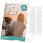 Photo Booth Frames - 5x7 Inch Clear Acrylic Display, Slanted Back Vertical Standing Plastic Picture or Display Sign Holder with Inserts - 12 Count