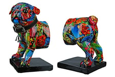 Casablanca Deko 1 Paire de Serre-Livres Support CD - Figurine d'animal Mops Figurine de Chien avec Collier Cloche - Design : Street Art Graffiti Roses - Multicolore Longueur Totale 22,5 cm