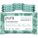 Pura Eco Friendly Baby Wipes 10 x 70 per pack (700 Wet Wipes) 100% Plastic Free, 99% Water, Biodegradable, Compostable, Vegan, Suitable for Sensitive & Eczema Prone Skin, Newborn