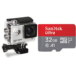 KitVision Escape 4K Action Camera Ultra-High Definition Action Camera & SanDisk Ultra 32 GB microSDHC Memory Card + SD Adapter with A1 App Performance Up to 120 MB/s, Class 10, U1, Red/Grey