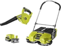 RYOBI Trio 18V One+ : Balayeuse 53cm + Souffleur d'atelier livrée avec 1 Batterie 4,0 Ah et Son Chargeur - Spéciale Nettoyage Atelier et Les Petites Surfaces