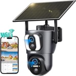 Camera Surveillance WiFi Exterieure sans Fil à Double Objectif, 360° PTZ Caméra Extérieure Solaire, PIR Détection Humaine, Alertes instantanées, Vision Nocturne Couleur, Audio Bidirectionnel