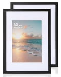 Cispree A3 Photo Frame -2 Pack, A3 Wooden Picture Frames with Mount for A4 Print for Wall, with Acrylic Clear Sheet, Fit Large Poster/Documents Frame for Family/Christmas (29.7x42 cm)-Black