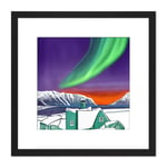 Northern Lights Mountain Lake Vibrant Green Over House Sky Winter Landscape Square Wooden Framed Wall Art Print Picture 8X8 Inch