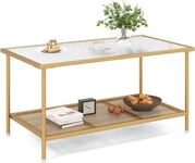 Table Basse Dore 2 Niveaux Rectangulaire en Verre 90x50x45cm-Charge95KG-Style Moderne avec Cadre Metallique