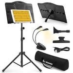 Donner Sheet Music Stand Foldable Travel Metal Stand Adjustable DMS-1 with Carrying Bag, Rotating Chargeable Music Light and Clip Holder, Portable Projector Stand, Laptop Stand, Music Folder