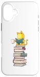 Coque pour iPhone 16 Plus Kawaii Cat Reading Book Stack Cute Bookworm T-shirt graphique