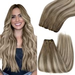 YoungSee Tissage Naturel Cheveux Humain Balayage 16 Pouces Extensions Tissage Vrais Cheveux Ombre Brun Foncé avec Blond Double Trame Invisible Tissage Balayage 100g Sew in Human Hair Extensions