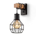 Glighone Applique Murale Intérieur Industrielle, Vintage Abat-jour Cage Dimmable avec interrupteur Luminaire Murale, E27 Métal et Bois Corde, pour Salon, Salle à Manger, Couloir, Noir (sans ampoule)