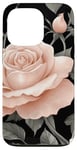 Coque pour iPhone 13 Pro Roses rose pâle et feuilles vert foncé sur fond noir