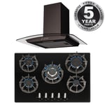 SIA 70cm Black 5 Burner Gas On Glass Hob & Curved Glass Kitchen Cooker Hood Fan