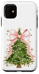 Coque pour iPhone 11 Coquette rose avec nœud en ruban et sapin de Noël vert pour fille