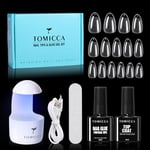 TOMICCA Kit Capsule Americaine Ongle - Pose Americaine Ongle Kit, 240 PCS Capsules Ongle Court Amande, Avec 6 en 1 Colle Faux Ongles Top Coat Semi Permanent Et Mini Lampe UV Ongles Gel