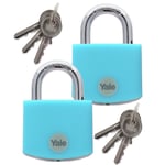 2x ALUMINIUM TEAL PADLOCKS Yale Security Steel Shackle Garage Workshop Key Locks