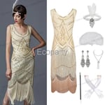 1920-talets Vintage Flapper Girls Gatsby Festklänning för kvinnor U-hals ärmlös paljett tofsar Klänningar med fläkt halsband Tillbehör beige XXXL