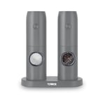 Tower T832243GRY Electric Salt & Pepper Mills. Rechargeable with Adjustable Ceramic Grinders, Stainless Steel, Grey