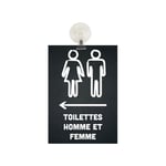 Panneau PVC "TOILETTES HOMME ET FEMME" flèche à gauche fond noir format A5 avec fixation ventouse