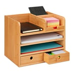 Relaxdays Organisateur Bureau, 2 tiroirs, 5 Compartiments, HxLxP: 26,5 x 33 x 24 cm, Bambou, Espace de Travail, Nature