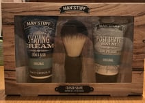 Man Stuff Mens Closer Shave Gift Set Beard Grooming Kit Shaving Cream Brush Balm