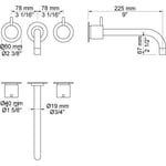 VOLA To-grebsblander med afgangsmuffe i midten Fast udløb, 225 mm, ø19 mm Standard 25 mm Rosetter Rustfrit stål 40 ½''RG/PEX