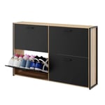 CASABEL Meuble de Rangement à Chaussure Industriel 24 Paires - Double Compartiment - Armoire Etagere Grande Capacité pour Entrée, Couloir - L114xP24xH83 cm - Portes Noires Cadre Bois Clair