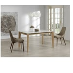 Table repas extensible geo 6 couverts 120/190x90cm pieds chêne plateau verre blanc