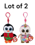 LOT OF 2 x TY BEANIE BOOS ENCHANTED OWL, & PENGUIN KEYRING /BAG CLIP  4"