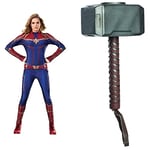 Rubie's Official Captain Marvel Hero Suit, Adult Ladies Costume Deluxe, Size X-Small & Official Child's Marvel Avengers Assemble Thor Hammer, One Size, Multi-Coloured