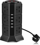 Extension Lead 12 Way Surge Protector Vertical Power Strip 5 USB Ports Black 6.5