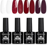 TOMICCA Vernis Gel UV Semi Permanent Rouge Blanc Set, 4 Couleurs Automne Rouge Glitter Soak Off UV/LED Set de Noël Pour la Conception de Studio D'ongles et de Bricolage à la Maison, 8ml