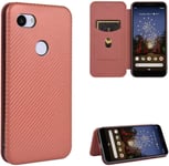 Compatible Avec Coque Google Pixel 3a Xl, Mince Flip Fibre De Carbone [Test De Chute] Antichoc Stand Fente Avec Carte, Protecteur D'écran En Verre Trempé*2-Marron