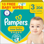 Pampers Premium Protection New Baby Size 3, 204 Nappies, 6Kg-10Kg, Monthly Pack 