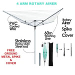 60M Rotary Washing Line Garden Clothes Line Dryer Outdoor 4 Arm W/ Spike & Cover