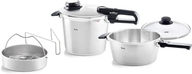 Fissler Vitavit Premium Set avec Autocuiseur, 5 Pièces (6 l – Ø 22 cm Et Poêle-Autocuiseur 3,5 l – Ø 22 cm) avec Couvercle Métallique, Couvercle en Verre, Panier Perforé – Compatible Induction