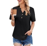 Weardear Chemisiers Et Blouses Femme Mousseline 100% Cotone Tunique Tee Shirt Modern Col V Festifs Boutonné Respirant Manches Courtes Chic élégant Haut Top Loisirs Noir S