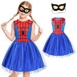 Aomig Deguisement Spider pour Fille, Costume de super-héros avec masque pour les yeux, Costume Spider Enfant, Enfant Spider Déguisement pour Halloween Carnaval Cosplay Fête, Bleu (110cm)