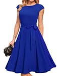 DRESSTELLS Robe Cocktail Mariage Vintage Robe Casual Femme Robe de Soiree Femme Robe baptême col Rond Manches Courtes Bleu Royal 2XL